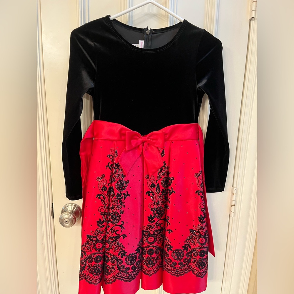 Bonnie Jean Black Velvet Dress with Red Accents